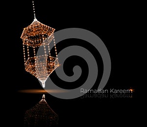 Ramadan Kareem Islamic holidays. greeting card. lamps on a blurred background arches. On bokeh arch interior background