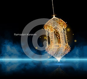 Ramadan Kareem Islamic holidays. greeting card. lamps on a blurred background arches. On bokeh arch interior background