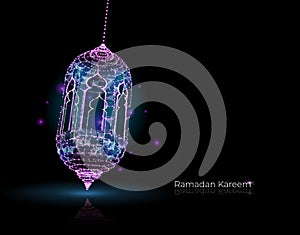 Ramadan Kareem Islamic holidays. greeting card. lamps on a blurred background arches. On bokeh arch interior background