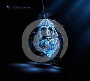 Ramadan Kareem Islamic holidays. greeting card. lamps on a blurred background arches. On bokeh arch interior background