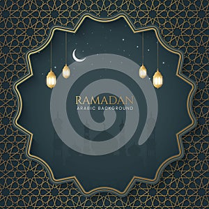 Ramadan Kareem Islamic Ornamental Background With Arabic Pattern and Mosque With Lanterns