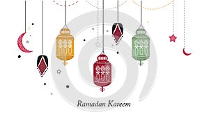 Ramadan Kareem with lamps, crescents and stars. Traditional black lantern of Ramadan