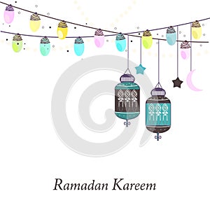 Ramadan Kareem with Lamps, Crescents and Stars. Traditional lantern of Ramadan vector photo