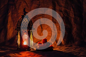 Ramadan Kareem lantern and dates fruit background.