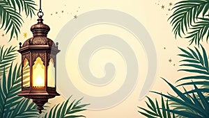 Ramadan Kareem Lantern with Palm Leaves and Festive Decorations