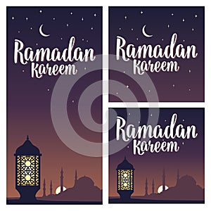 Ramadan kareem lettering with lamp, minarets, crescent, star in sky. photo