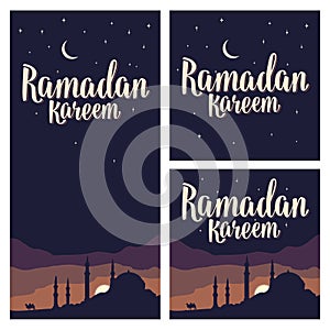 Ramadan kareem lettering with minarets, crescent, star in night sky. photo