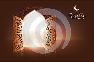 Ramadan Kareem lettering text greeting card. Open door to mosque and moon