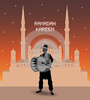 Ramadan Kareem mahya lights over a mosque with ramadan drummer