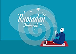 Ramadan Kareem, man prays for god with text ramdan kareem vector illustrator