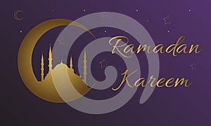 Ramadan Kareem Message with blue mosque silhouette in a crescent