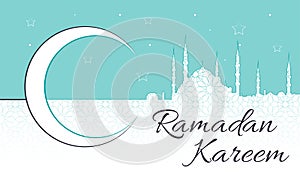 Ramadan Kareem Message with blue mosque silhouette in a crescent