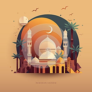Ramadan Kareem modern style design with mosque dome, palm trees and moon, flat design, vector.
