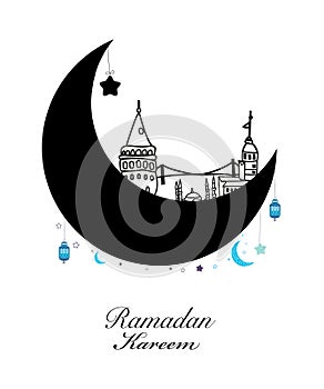 Ramadan Kareem with moon and star. Ramadan istanbul night traditional lantern of Ramadan greeting card