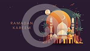 Ramadan Kareem with mosque dome, palm trees and moon, flat design, vector