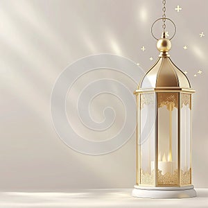 Ramadan Kareem Mubarak Flat Mosque Moon Night Gold Frame Light Background