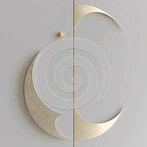 Ramadan Kareem Mubarak Flat Mosque Moon Night Gold Frame Light Background