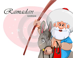 Ramadan Kareem. Nasreddin Hodja sitting on donkey