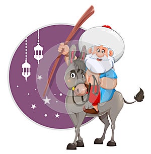 Ramadan Kareem. Nasreddin Hodja sitting on donkey