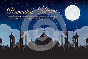 Ramadan Kareem. Night sky with mosque silhouette and moon, clouds. Arabic background