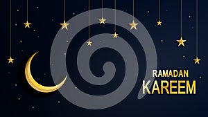 Ramadan Kareem. Night starry sky bright moon, half a month. Traditional Islamic holy holiday. Design greeting card, web