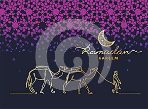 Ramadan kareem night vector card with camel caravan, camelcade, stars, moon.