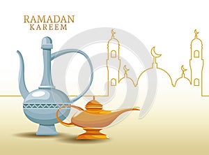 Ramadan kareem with oillamp and mosque shape