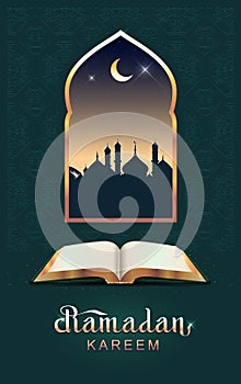 Ramadan kareem open book koran and moon