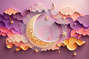 Ramadan Kareem paper cut composition with gold crescent moon, stars and clouds. AI generative