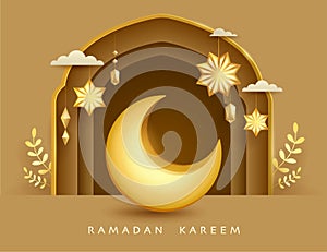 Ramadan Kareem paper graphic of islamic festival design with crescent moon, mosque window and islamic decorations