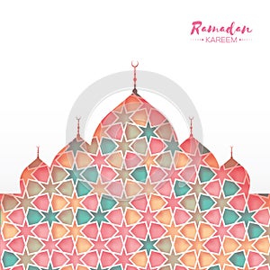 Ramadan Kareem. Pink Ornamental Arabic pattern with Mosque in paper cut style. Arabesque pattern.