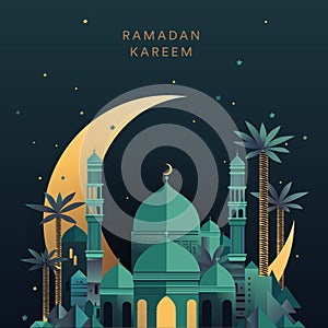 Ramadan Kareem poster with a blue mosque, moon night sky, and palm trees