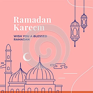 Ramadan Kareem poster design with mosque and lantern lamp monoline vector illustration for islam fasting festival event
