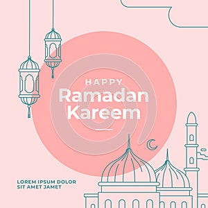 Ramadan Kareem poster design with mosque and lantern lamp monoline vector illustration for islam fasting festival event