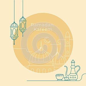 Ramadan Kareem poster design with mosque and lantern lamp monoline vector illustration for islam fasting festival event