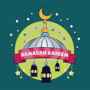 Ramadan Kareem poster, Ramzan lantern, crescent moon and mosque flat illustration vector