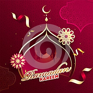 Ramadan Kareem poster or template design with paper cut mosque shape on red islamic pattern background