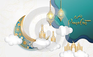 Ramadan Kareem posters or invitations design paper cut islamic lanterns, stars and moon of gold and green on white background.