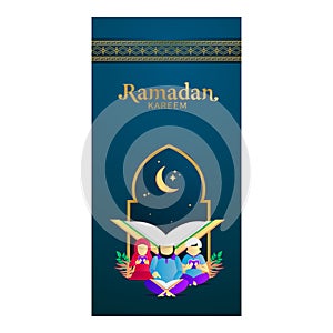 Ramadan kareem praying father, son and daughter illustration vertical banner