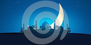 Ramadan Kareem. Ramadan Mubarak. Greeting card. Arabian night with Crescent moon.