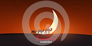 Ramadan Kareem. Ramadan Mubarak. Greeting card. Arabian night with Crescent moon and camels.