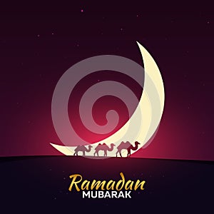 Ramadan Kareem. Ramadan Mubarak. Greeting card. Arabian night with Crescent moon and camels.