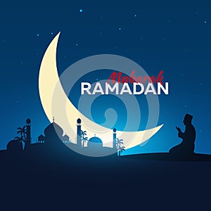 Ramadan Kareem. Ramadan Mubarak. Pray. Greeting card. Arabian night with Crescent moon.