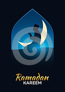 Ramadan Kareem. Ramadan Mubarak. Pray. Greeting card. Arabian night with Crescent moon.