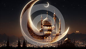 Ramadan kareem and Ramadane mubarak. Shiny Exquisite Crescent Moon With Carved Mosque. Generative Ai