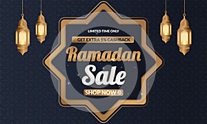 Ramadan Kareem sale offer banner design with ornament lantern moon background for promotion poster, social media template,