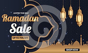 Ramadan Kareem sale offer banner design with ornament lantern moon background for promotion poster, social media template,