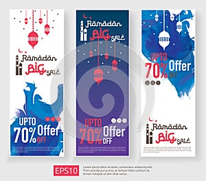 Ramadan Kareem sale offer banner design. Vertical promotion poster, voucher, discount, label, greeting card of Eid Mubarak celebra