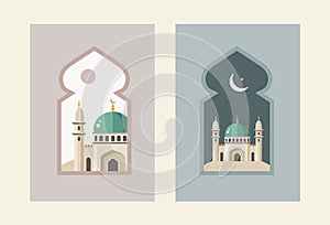 Ramadan Kareem set of posters, cards, holiday covers. Modern beautiful flat design, pastel colors. Mosque, minaret. Moon