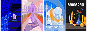 Ramadan Kareem Set of posters, cards, holiday covers. Modern design with pattern, mosque, moon, still life of kumgan photo